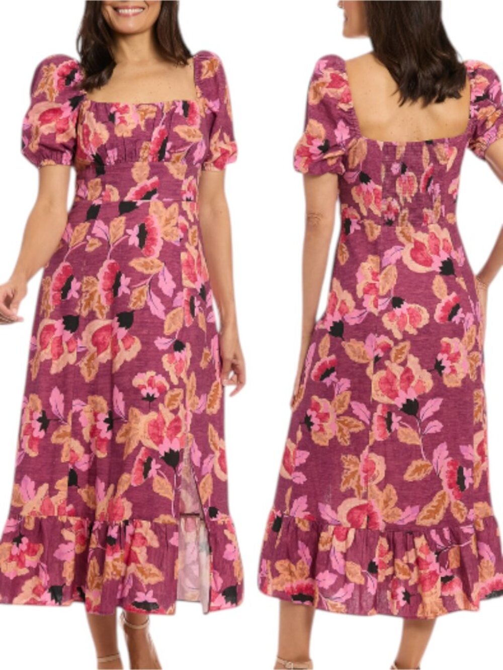 London Times Floral Puff Sleeve Bottom Ruffle Maxi Dress - Burgundy/Red - 16